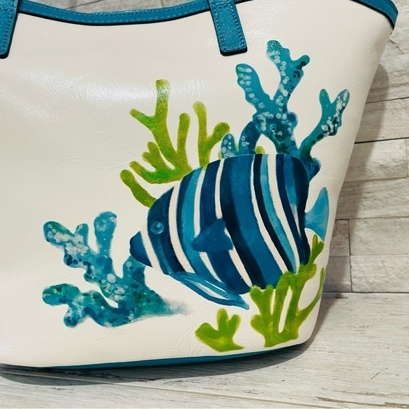 Patricia Nash Leather Marconia Striped Fish Spot Print Tote Bag Matching Scarf - Picture 16 of 16